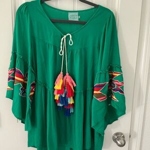 Judith March Vibrant Green Blouse with Colorful Embroidery